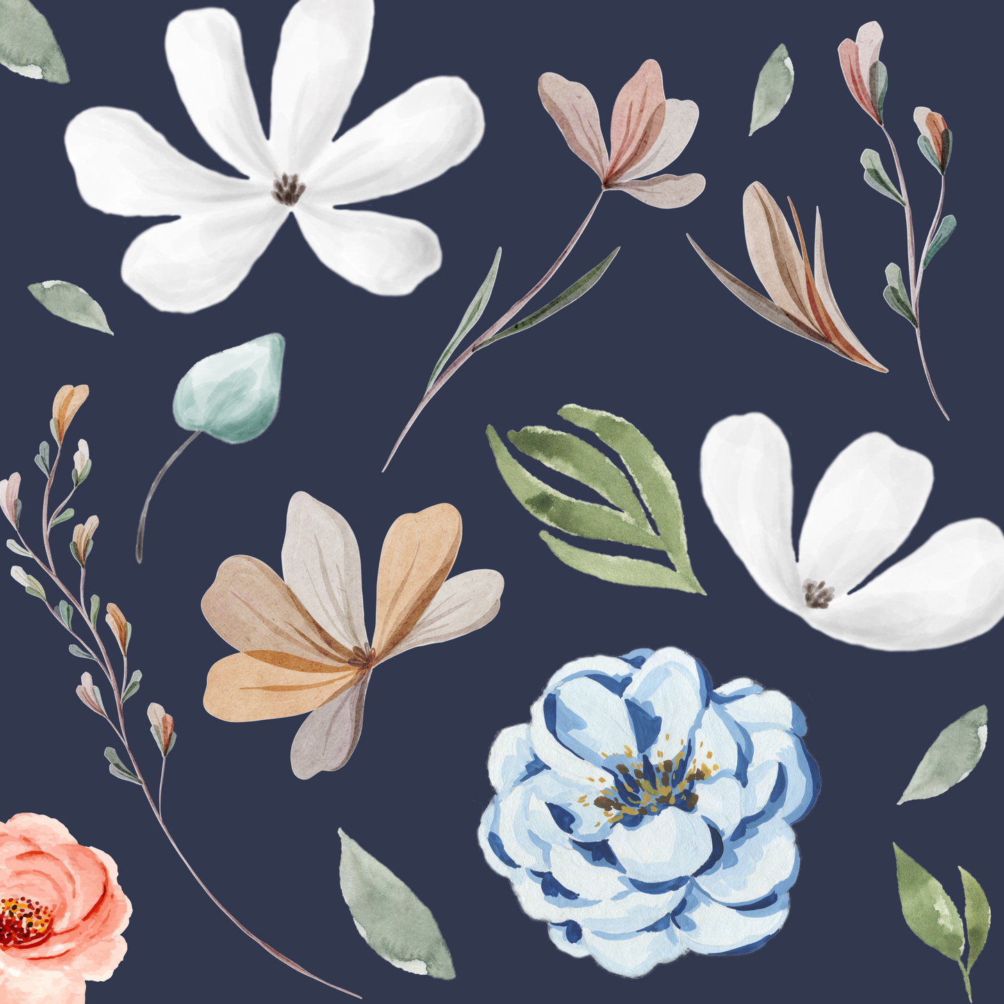 Floral Blank Greeting Card - Navy